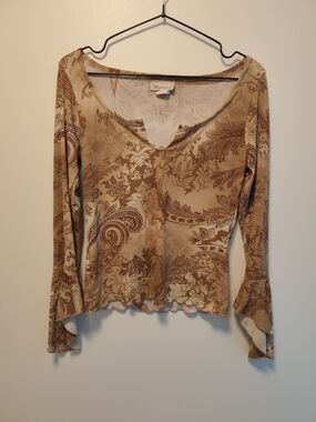 Vintage 2000s Whimsigoth Paisley Flare Sleeve Top Fairy Grunge Split Neck US L